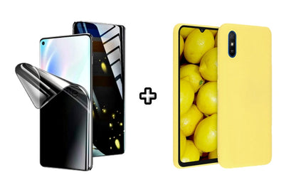 Set Husa Silicon plus Folie din silicon Privacy compatibila cu Xiaomi Redmi 9A, galbena, protectie 360