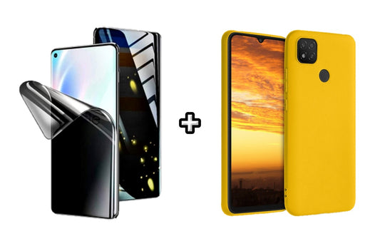 Set Husa Silicon plus Folie din silicon Privacy compatibila cu Xiaomi Redmi 9C, galbena, protectie 360