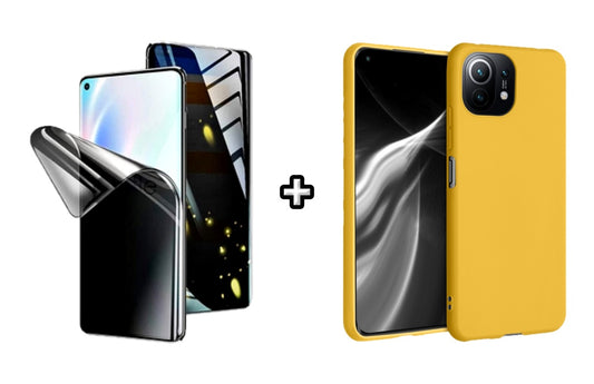 Set Husa Silicon plus Folie din silicon Privacy compatibila cu Xiaomi Mi 11 Lite, galbena, protectie 360