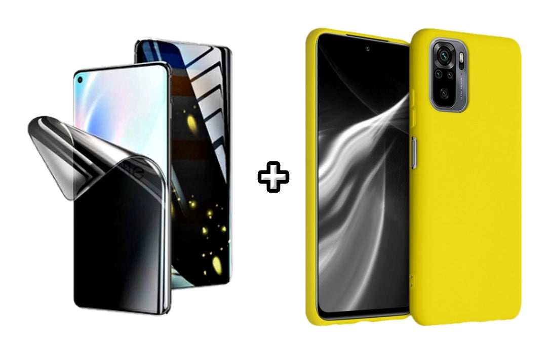 Set Husa Silicon plus Folie din silicon Privacy compatibila cu Xiaomi Redmi Note 10 Pro, galbena, protectie 360