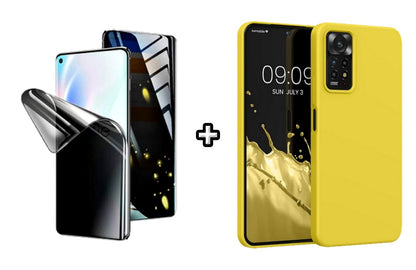 Set Husa Silicon plus Folie din silicon Privacy compatibila cu Xiaomi Redmi Note 11, galbena, protectie 360