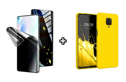 Set Husa Silicon plus Folie din silicon Privacy compatibila cu Xiaomi Redmi Note 9 Pro, galbena, protectie 360