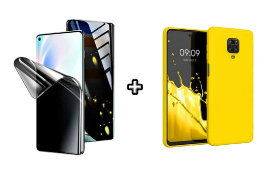 Set Husa Silicon plus Folie din silicon Privacy compatibila cu Xiaomi Redmi Note 9 Pro, galbena, protectie 360