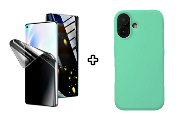 Set Husa Silicon plus Folie din silicon Privacy compatibila cu Apple iPhone 16, menta, protectie 360