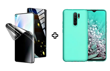 Set Husa Silicon plus Folie din silicon Privacy compatibila cu Xiaomi Redmi 9, menta, protectie 360