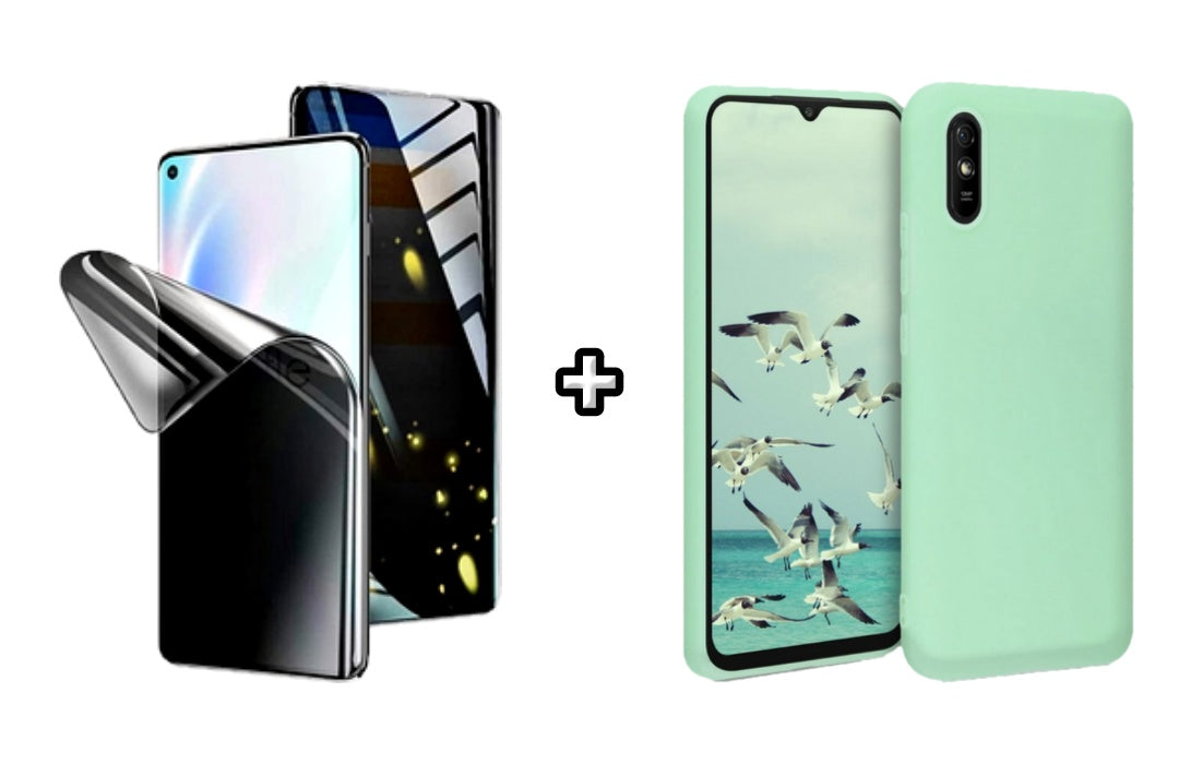 Set Husa Silicon plus Folie din silicon Privacy compatibila cu Xiaomi Redmi 9A, menta, protectie 360