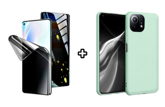 Set Husa Silicon plus Folie din silicon Privacy compatibila cu Xiaomi Mi 11 Lite, menta, protectie 360