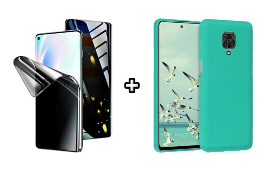Set Husa Silicon plus Folie din silicon Privacy compatibila cu Xiaomi Redmi Note 9 Pro, menta, protectie 360