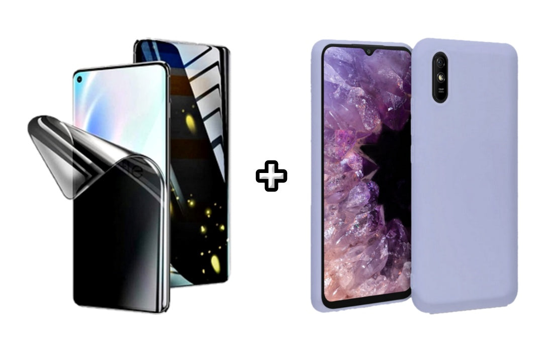Set Husa Silicon plus Folie din silicon Privacy compatibila cu Xiaomi Redmi 9A, mov, protectie 360
