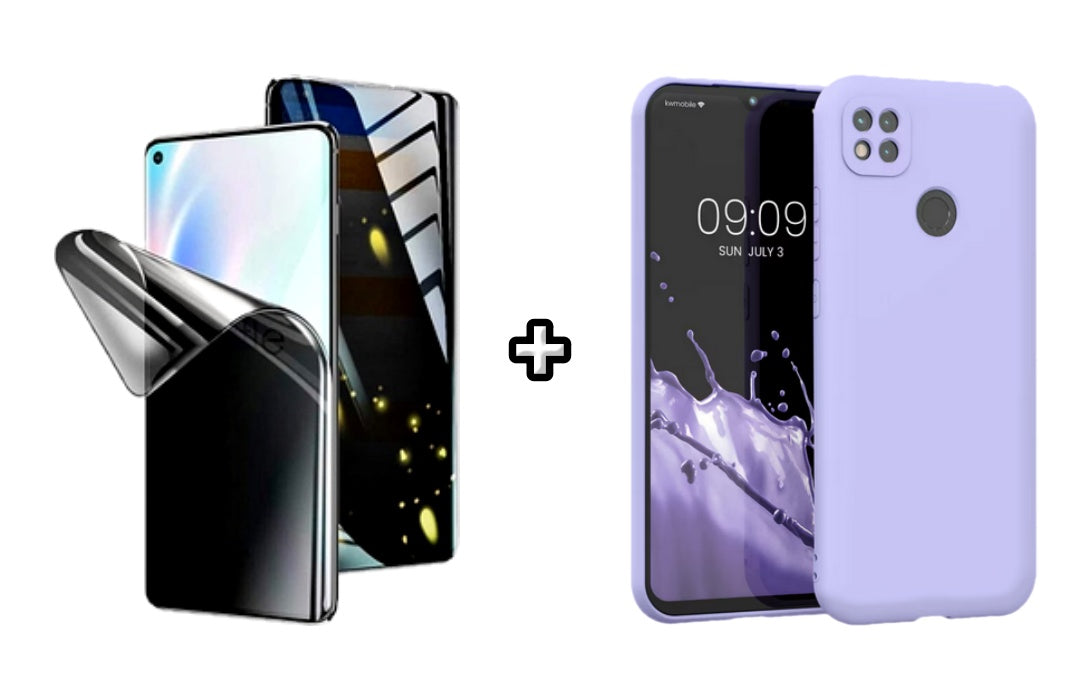 Set Husa Silicon plus Folie din silicon Privacy compatibila cu Xiaomi Redmi 9C, mov, protectie 360