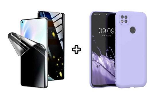 Set Husa Silicon plus Folie din silicon Privacy compatibila cu Xiaomi Redmi 9C, mov, protectie 360