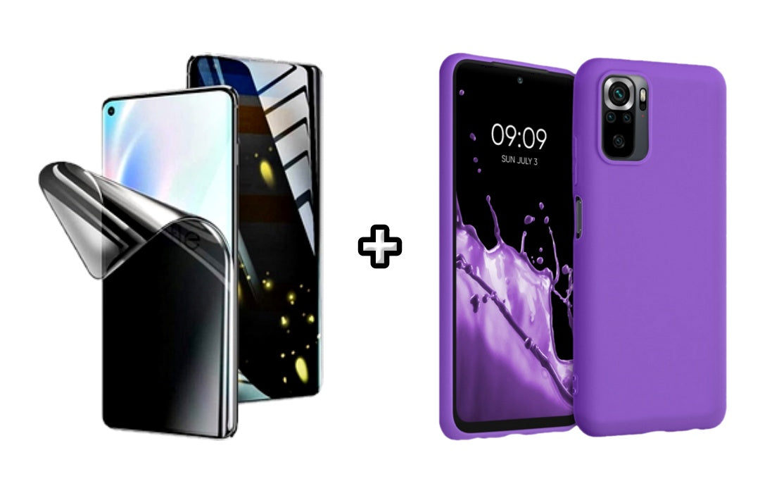 Set Husa Silicon plus Folie din silicon Privacy compatibila cu Xiaomi Redmi Note 10 Pro, mov, protectie 360
