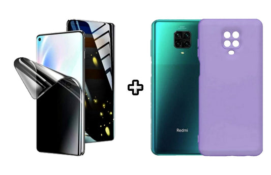 Set Husa Silicon plus Folie din silicon Privacy compatibila cu Xiaomi Redmi Note 9s, mov, protectie 360
