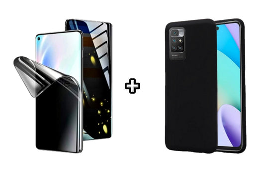 Set Husa Silicon plus Folie din silicon Privacy compatibila cu Xiaomi Redmi 10, neagra, protectie 360