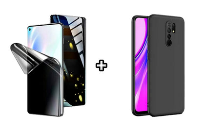 Set Husa Silicon plus Folie din silicon Privacy compatibila cu Xiaomi Redmi 9, neagra, protectie 360