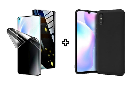 Set Husa Silicon plus Folie din silicon Privacy compatibila cu Xiaomi Redmi 9A, neagra, protectie 360