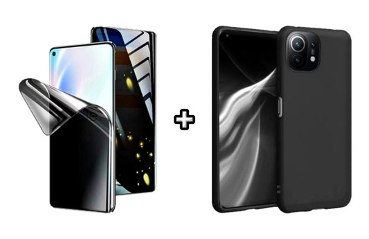 Set Husa Silicon plus Folie din silicon Privacy compatibila cu Xiaomi Mi 11 Lite, neagra, protectie 360