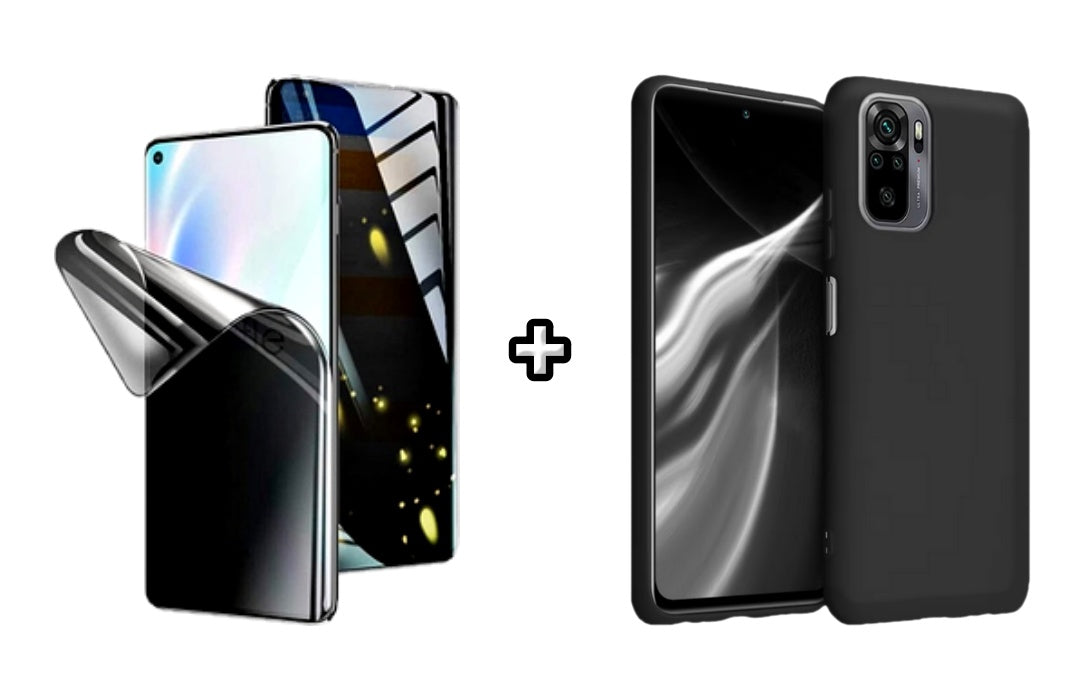 Set Husa Silicon plus Folie din silicon Privacy compatibila cu Xiaomi Redmi Note 10s, neagra, protectie 360