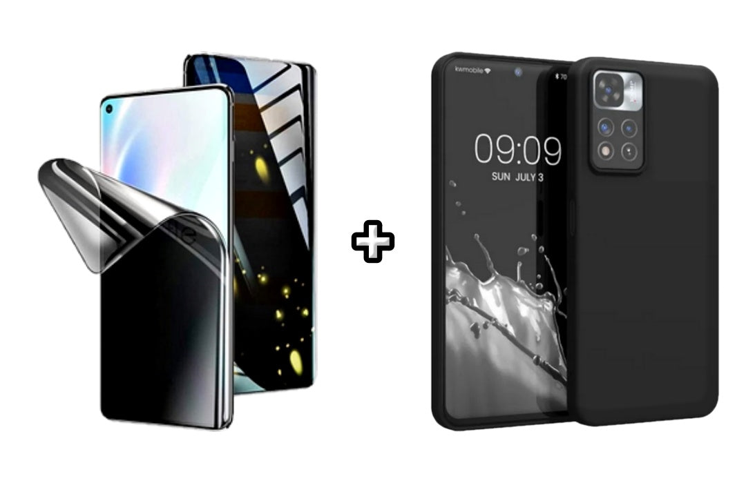 Set Husa Silicon plus Folie din silicon Privacy compatibila cu Xiaomi Redmi Note 11, neagra, protectie 360