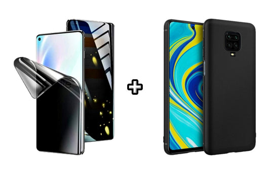 Set Husa Silicon plus Folie din silicon Privacy compatibila cu Xiaomi Redmi Note 9 Pro, neagra, protectie 360