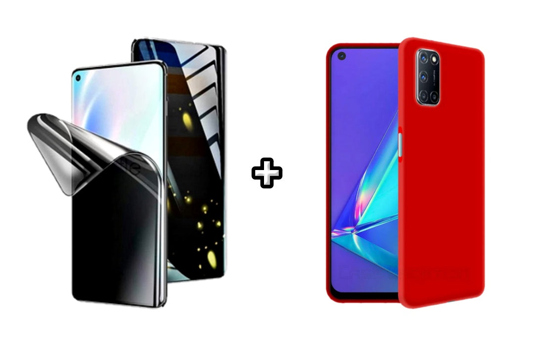 Set Husa Silicon plus Folie din silicon Privacy compatibila cu OPPO A92, rosie, protectie 360