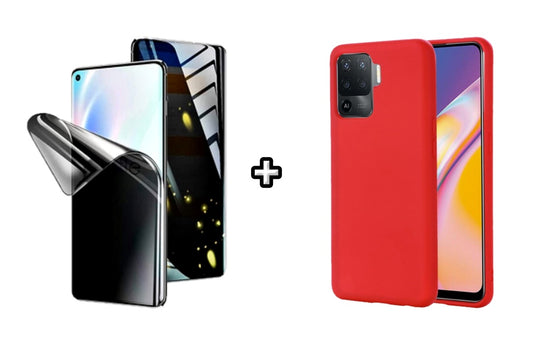 Set Husa Silicon plus Folie din silicon Privacy compatibila cu OPPO Reno5 Lite, rosie, protectie 360