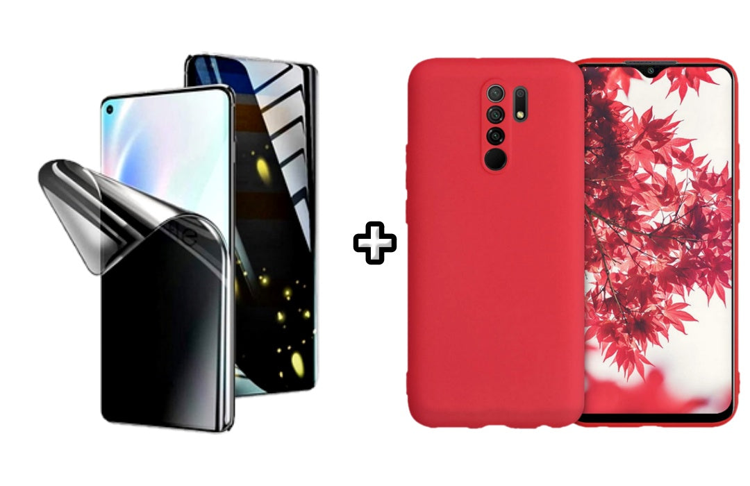Set Husa Silicon plus Folie din silicon Privacy compatibila cu Xiaomi Redmi 9, rosie, protectie 360