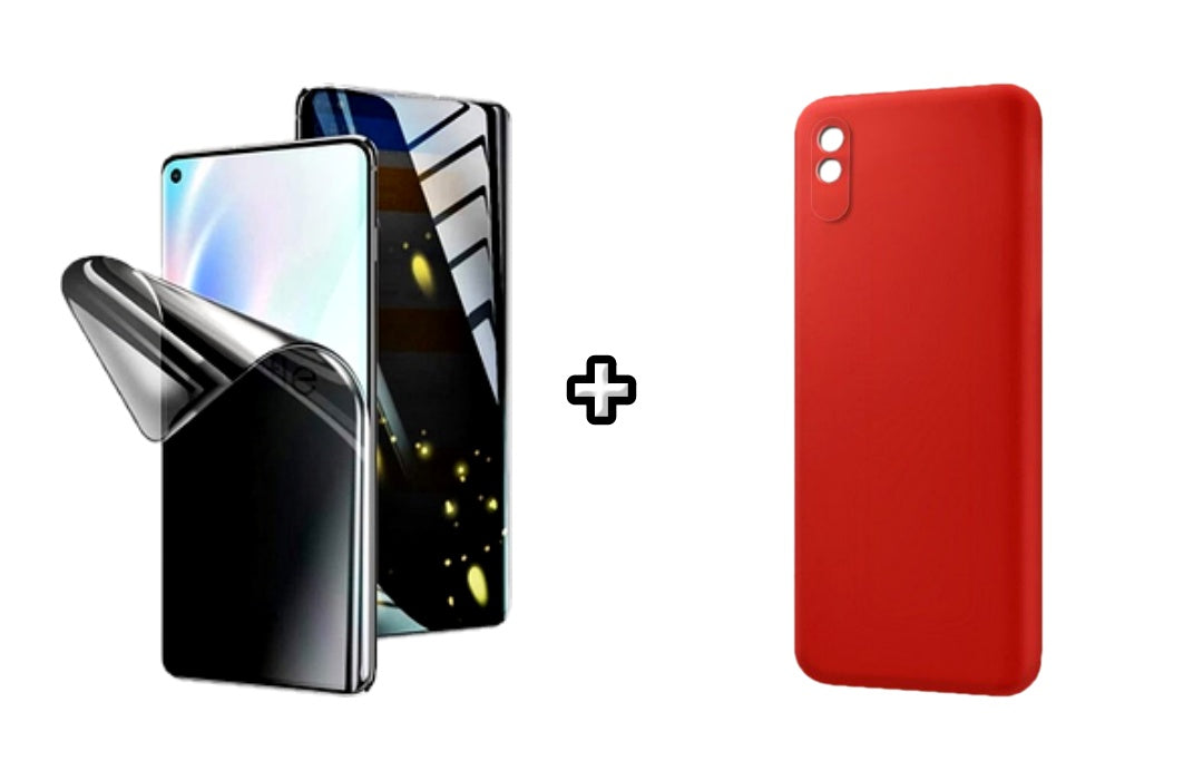 Set Husa Silicon plus Folie din silicon Privacy compatibila cu Xiaomi Redmi 9A, rosie, protectie 360