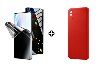 Set Husa Silicon plus Folie din silicon Privacy compatibila cu Xiaomi Redmi 9A, rosie, protectie 360