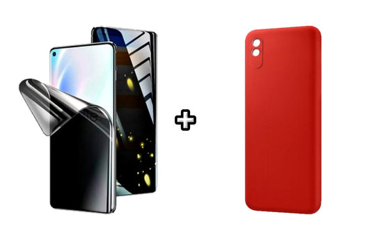 Set Husa Silicon plus Folie din silicon Privacy compatibila cu Xiaomi Redmi 9A, rosie, protectie 360