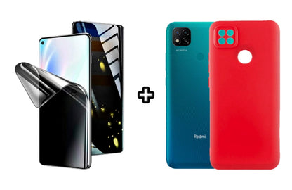 Set Husa Silicon plus Folie din silicon Privacy compatibila cu Xiaomi Redmi 9C, rosie, protectie 360