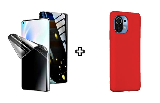 Set Husa Silicon plus Folie din silicon Privacy compatibila cu Xiaomi Mi 11 Lite, rosie, protectie 360