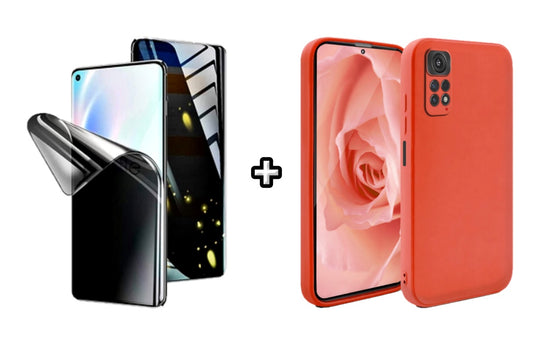 Set Husa Silicon plus Folie din silicon Privacy compatibila cu Xiaomi Redmi Note 11, rosie, protectie 360