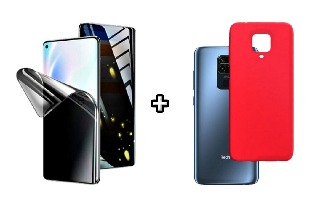 Set Husa Silicon plus Folie din silicon Privacy compatibila cu Xiaomi Redmi Note 9 Pro, rosie, protectie 360