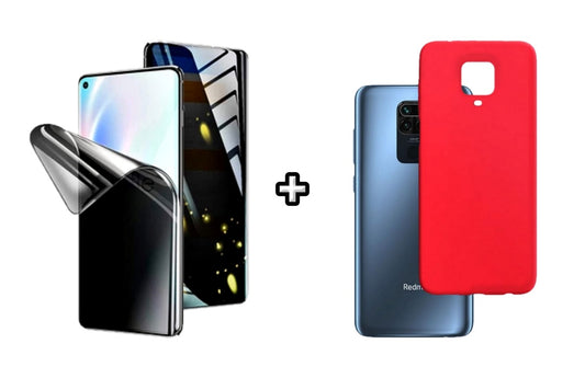 Set Husa Silicon plus Folie din silicon Privacy compatibila cu Xiaomi Redmi Note 9 Pro, rosie, protectie 360