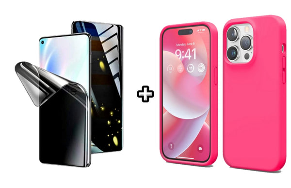 Set Husa Silicon plus Folie din silicon Privacy compatibila cu Apple iPhone 16 Pro, roz neon, protectie 360