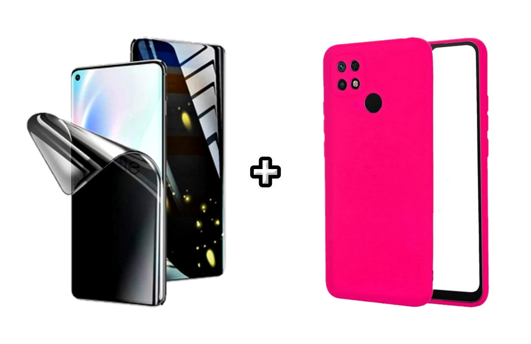 Set Husa Silicon plus Folie din silicon Privacy compatibila cu OPPO A15, roz neon, protectie 360