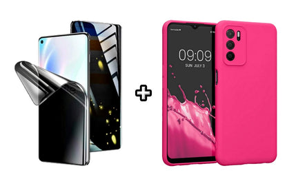 Set Husa Silicon plus Folie din silicon Privacy compatibila cu OPPO A16, roz neon, protectie 360