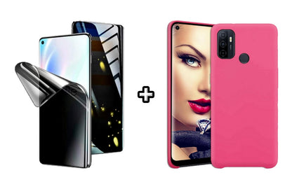 Set Husa Silicon plus Folie din silicon Privacy compatibila cu OPPO A53, roz neon, protectie 360