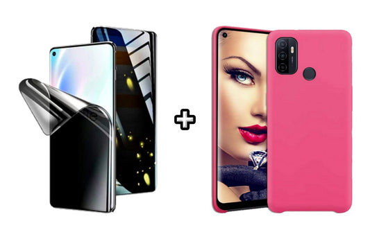 Set Husa Silicon plus Folie din silicon Privacy compatibila cu OPPO A53, roz neon, protectie 360
