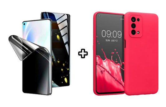 Set Husa Silicon plus Folie din silicon Privacy compatibila cu OPPO A54 4G, roz neon, protectie 360