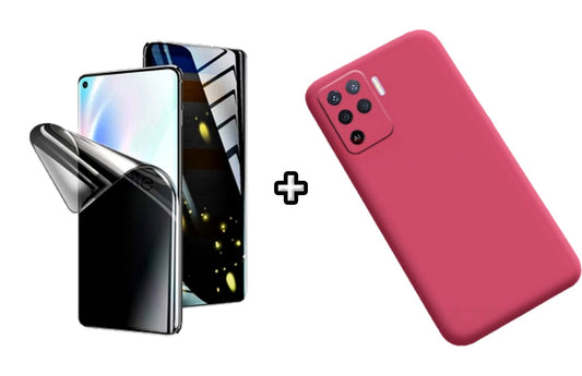 Set Husa Silicon plus Folie din silicon Privacy compatibila cu OPPO Reno5 Lite, roz neon, protectie 360