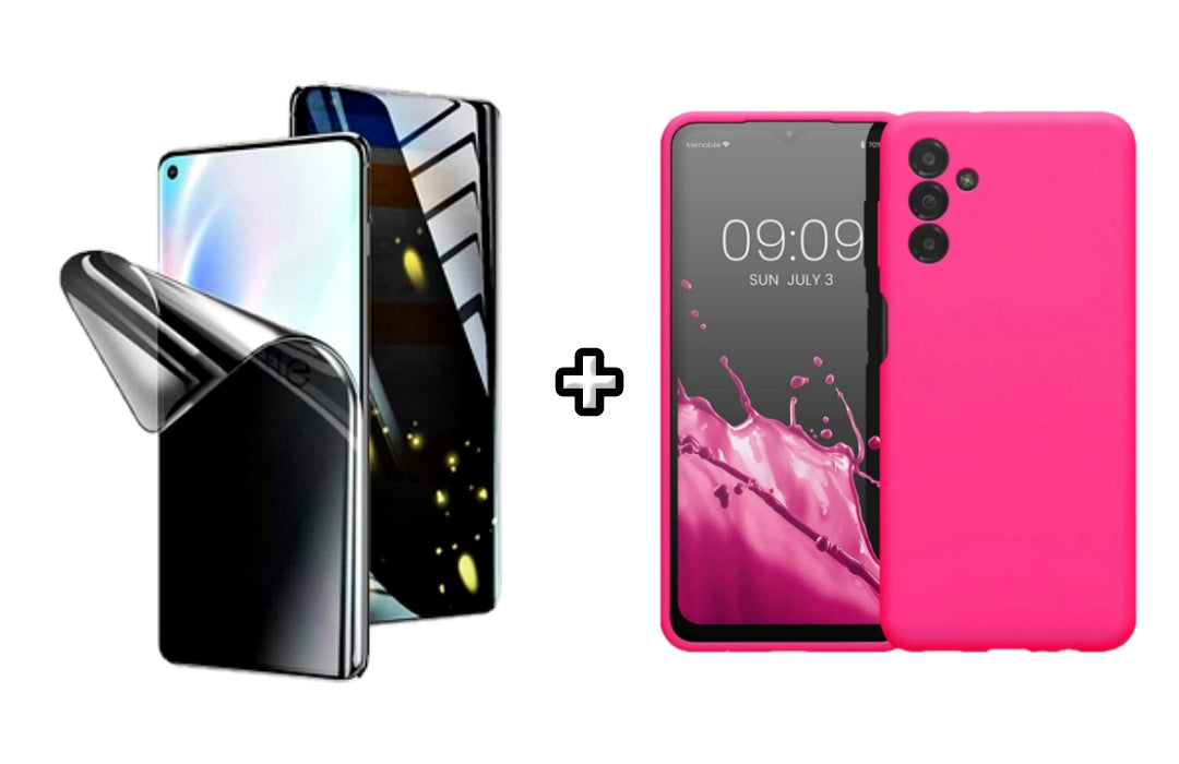Set Husa Silicon plus Folie din silicon Privacy compatibila cu Samsung Galaxy A24, roz neon, protectie 360