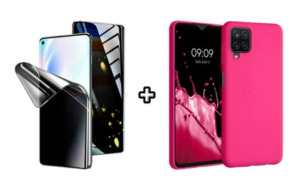 Set Husa Silicon plus Folie din silicon Privacy compatibila cu Samsung Galaxy A22 4G, roz neon, protectie 360