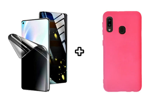 Set Husa Silicon plus Folie din silicon Privacy compatibila cu Samsung Galaxy A20E, roz neon, protectie 360