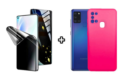 Set Husa Silicon plus Folie din silicon Privacy compatibila cu Samsung Galaxy A21s, roz neon, protectie 360
