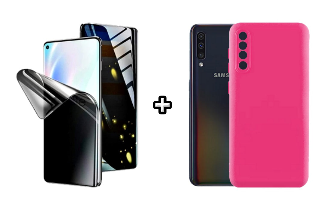Set Husa Silicon plus Folie din silicon Privacy compatibila cu Samsung Galaxy A50, roz neon, protectie 360