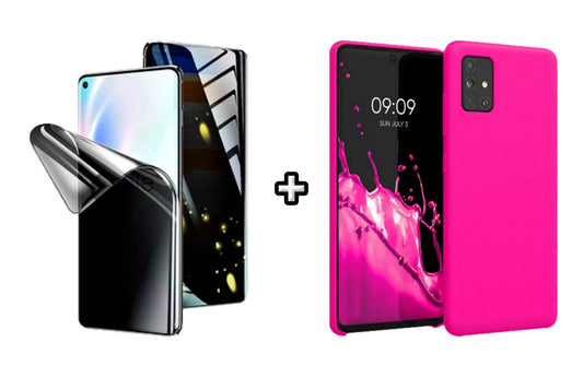 Set Husa Silicon plus Folie din silicon Privacy compatibila cu Samsung Galaxy A71 5G, roz neon, protectie 360
