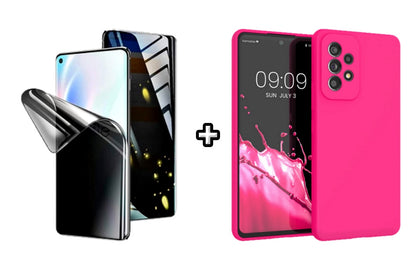 Set Husa Silicon plus Folie din silicon Privacy compatibila cu Samsung Galaxy A53, roz neon, protectie 360