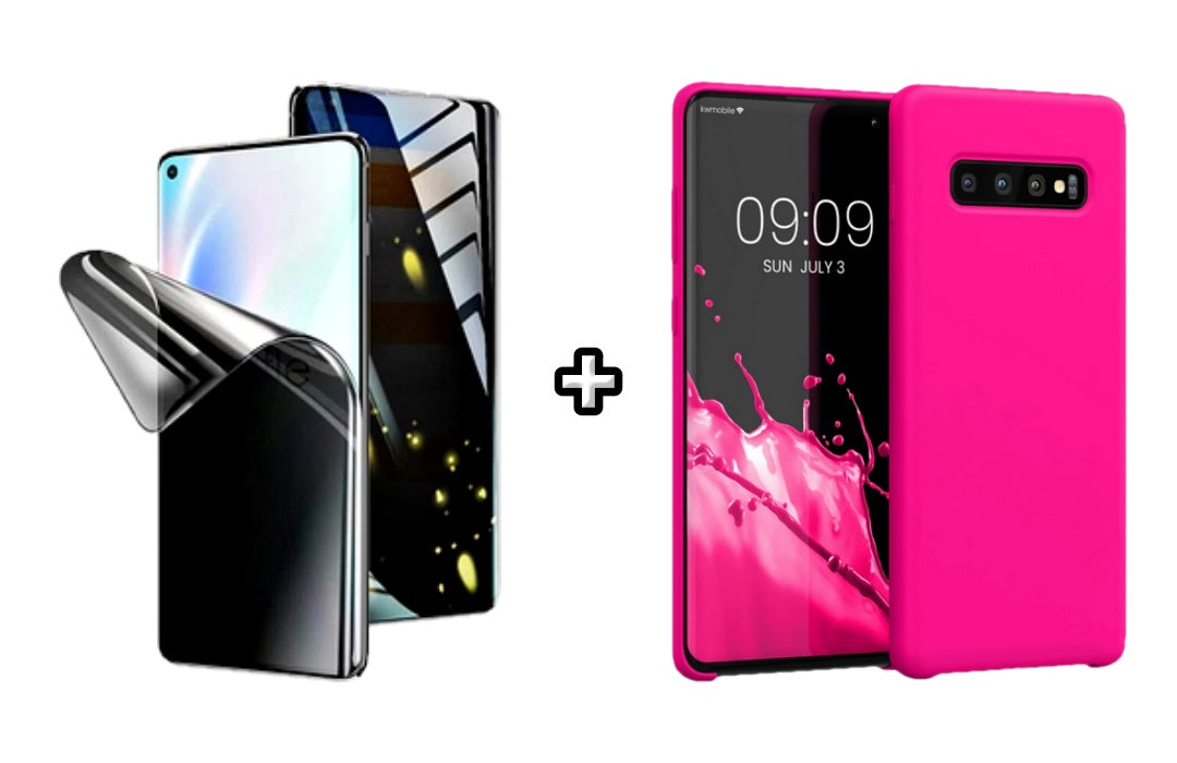 Set Husa Silicon plus Folie din silicon Privacy compatibila cu Samsung Galaxy S10, roz neon, protectie 360